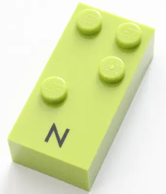 Lime Brick, Braille 2 x 4 with 4 Studs with Black Capital Letter N Pattern (dots-1345 ⠝)