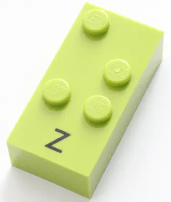 Lime Brick, Braille 2 x 4 with 4 Studs with Black Capital Letter Z Pattern (dots-1356 ⠵)