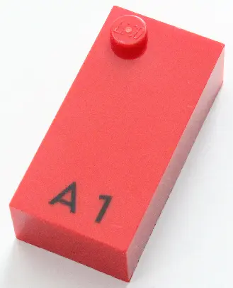 Red Brick, Braille 2 x 4 with 1 Stud with Black Capital Letter A / Number 1 Pattern (dots-1 ⠁)