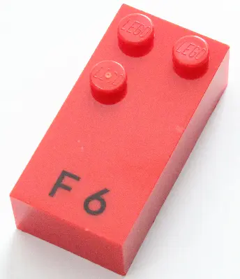 Red Brick, Braille 2 x 4 with 3 Studs with Black Capital Letter F / Number 6 Pattern (dots-124 ⠋)