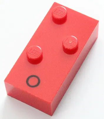 Red Brick, Braille 2 x 4 with 3 Studs with Black Capital Letter O Pattern (dots-135 ⠕)