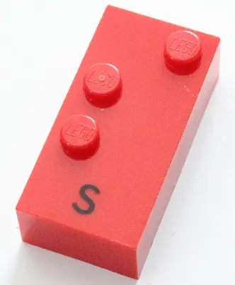 Red Brick, Braille 2 x 4 with 3 Studs with Black Capital Letter S Pattern (dots-234 ⠎)