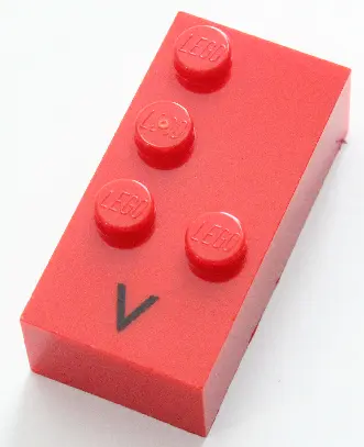 Red Brick, Braille 2 x 4 with 4 Studs with Black Capital Letter V Pattern (dots-1236 ⠧)