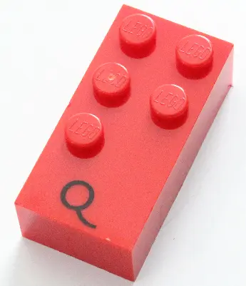Red Brick, Braille 2 x 4 with 5 Studs with Black Capital Letter Q Pattern (dots-12345 ⠟)