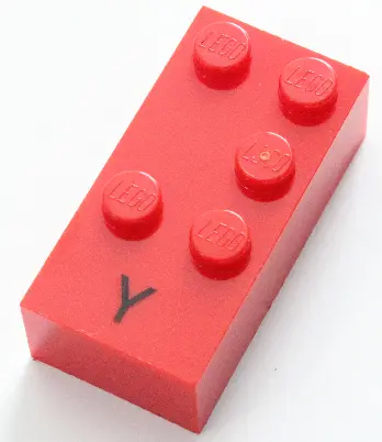 Red Brick, Braille 2 x 4 with 5 Studs with Black Capital Letter Y Pattern (dots-13456 ⠽)