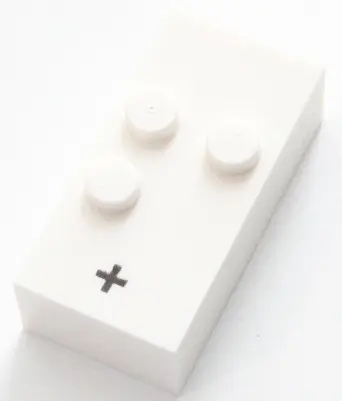 White Brick, Braille 2 x 4 with 3 Studs with Black Plus Sign (+) Pattern (dots-235 ⠖)