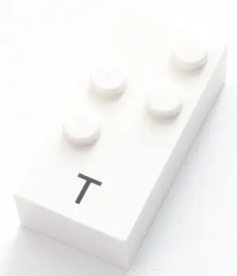 White Brick, Braille 2 x 4 with 4 Studs with Black Capital Letter T Pattern (dots-2345 ⠞)