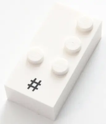 White Brick, Braille 2 x 4 with 4 Studs with Black Number Sign / Hash / Pound Sign Pattern (dots-345