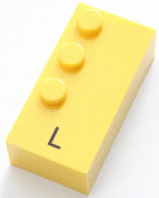 Yellow Brick, Braille 2 x 4 with 3 Studs with Black Capital Letter L Pattern (dots-123 ⠇)