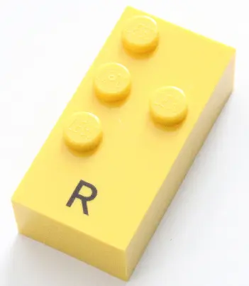 Yellow Brick, Braille 2 x 4 with 4 Studs with Black Capital Letter R Pattern (dots-1235 ⠗)
