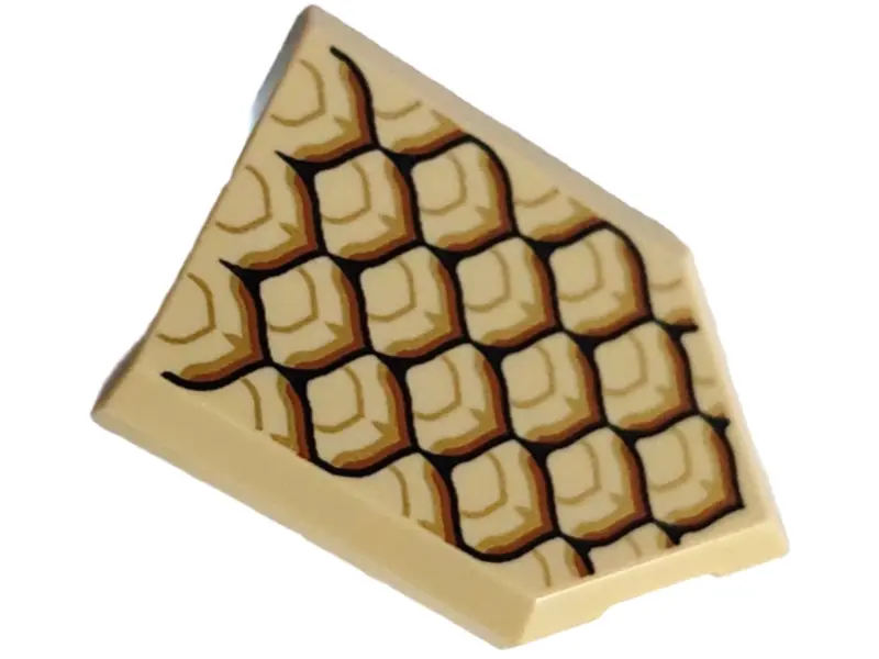 Tan Tile, Modified 2 x 3 Pentagonal with Gold, Black and Dark Orange Dragon Scales Pattern