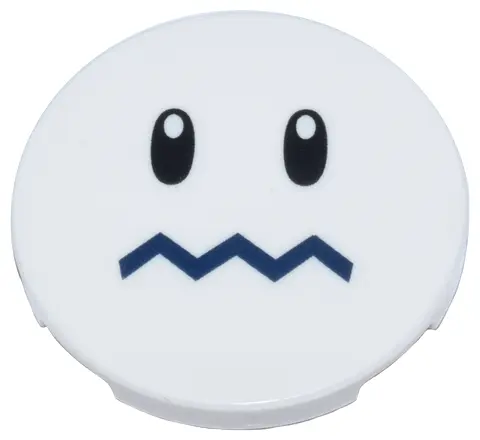 White Tile, Round 3 x 3 with Black Oval Eyes with Pupils and Dark Blue Zigzag Mouth Pattern