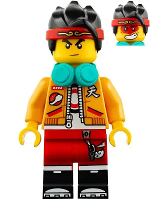 Monkie Kid - Bright Light Orange Open Jacket, Dark Turquoise Headphones, Neutral / Angry with Red Fa
