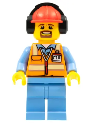 Orange Safety Vest with Reflective Stripes, Medium Blue Legs, Red Construction Helmet with Black Ear