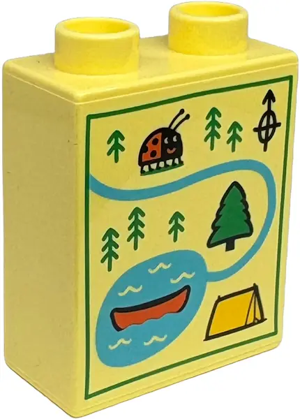 Bright Light Yellow Duplo, Brick 1 x 2 x 2 with Map with Medium Azure River and Lake, Green Trees, L