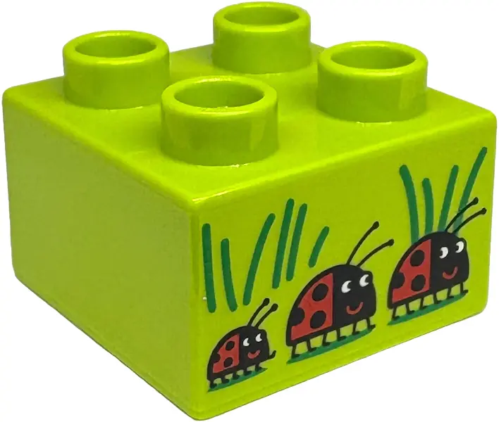 Lime Duplo, Brick 2 x 2 with 3 Black and Red Ladybugs and Green Grass Blades Pattern