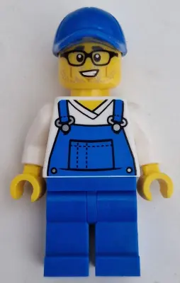 Car Cleaner - Male, Blue Overalls over V-Neck Shirt, Blue Legs, Blue Cap, Glasses, Stubble