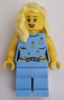 Car Driver - Female, Bright Light Blue Knotted Top with Pineapples and Legs, Bright Light Yellow Hai