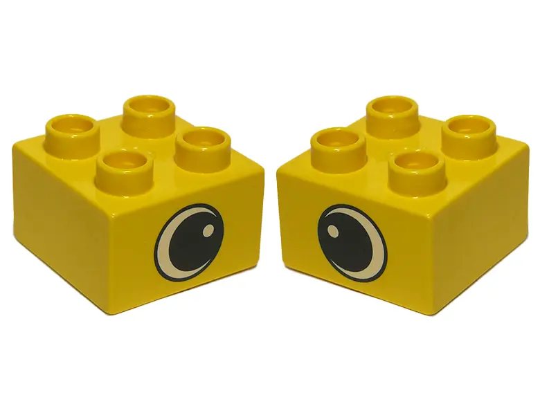 Yellow Duplo, Brick 2 x 2 with Black and White Eye with Spot Pattern on Opposite Sides