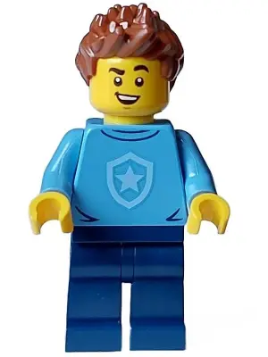 Police - City Officer in Training Male, Medium Blue Shirt with Badge, Dark Blue Legs, Reddish Brown 
