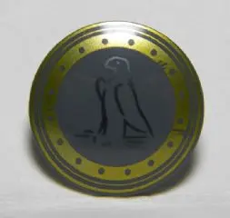 Dark Bluish Gray Minifigure, Shield Circular / Round Convex Face with Eagle Outline and Gold Trim Pa