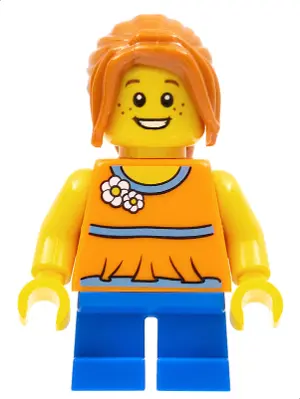 Girl, Blue Short Legs, Dark Orange Hair Ponytail Long with Side Bangs