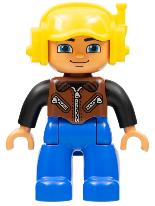 Duplo Figure Lego Ville, Male, Blue Legs, Brown Vest with Zipper and Zippered Pockets, Yellow Cap wi