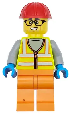 Construction Worker - Male, Neon Yellow Safety Vest with Reflective Stripes, Orange Legs, Red Constr