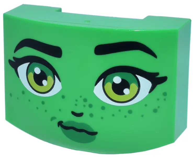 Bright Green Wedge 3 x 4 x 1 1/3 Triple Curved No Studs with Black Eyebrows and Nose, Lime Eyes, Gre