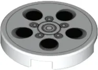 White Tile, Round 2 x 2 with Bottom Stud Holder with Alloy Wheel with Black and Silver Circles Patte