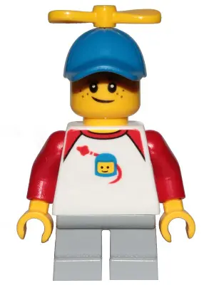 Boy, Freckles, Classic Space Shirt with Red Sleeves, Light Bluish Gray Short Legs, Blue Cap with Tin