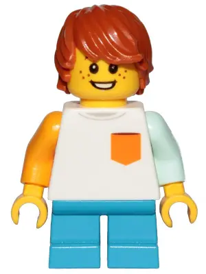 Boy, Freckles, White Shirt with Orange Pocket, Dark Azure Short Legs, Dark Orange Hair Tousled with 