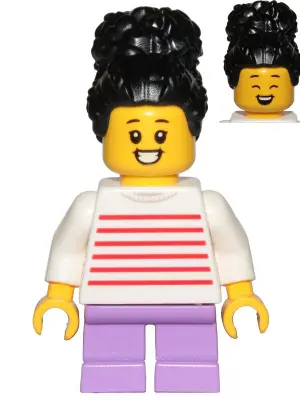 Child - Girl, White Sweater with Red Horizontal Stripes, Medium Lavender Short Legs, Black Coiled Ha
