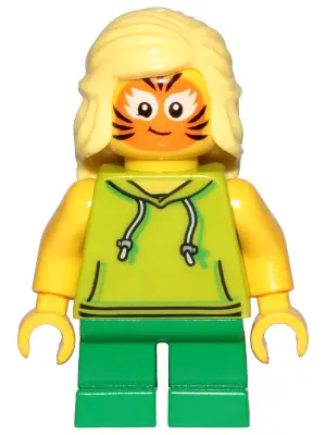 Girl, Lime Hoodie, Green Short Legs, Orange Cat Face Paint