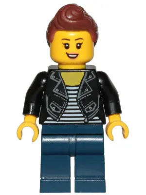 Teenage Girl, Black Jacket and White Shirt with Black Stripes, Dark Blue Legs, Reddish Brown Hair Fe