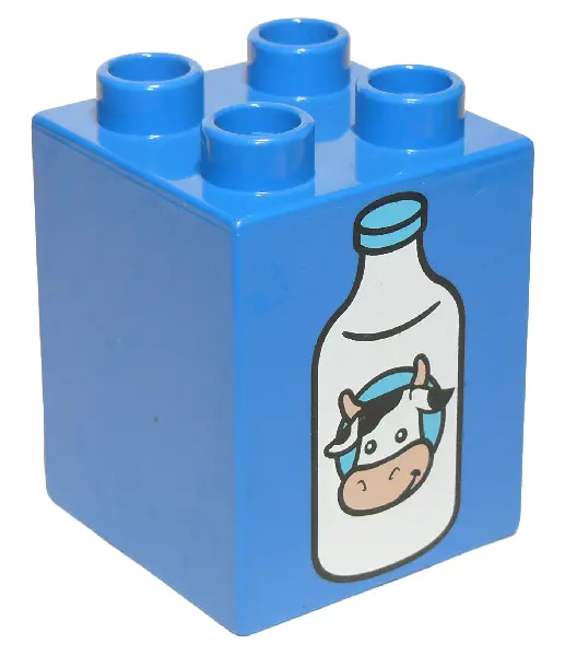 Blue Duplo, Brick 2 x 2 x 2 with Milk Bottle with Cow Head Pattern