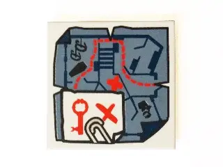 White Tile 2 x 2 with Map Tattered with Paper Clip and Red Key and 'X' Pattern