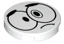 White Tile, Round 2 x 2 with Bottom Stud Holder with Black Large Sad Eyes, Eyebrows and Frown (Nixel