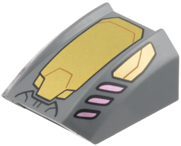 Bluish Gray Slope, Curved 2 x 2 Lip with Gold Armor Plates, Dark Orange Lines, Metallic Pink Trim Pa