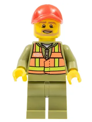 Train Driver - Orange Safety Vest with Lime Straps, Olive Green Legs, Red Cap with Hole, Beard Dark 