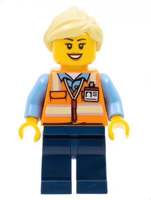 Train Worker - Female, Orange Safety Vest with Badge, Dark Blue Legs, Bright Light Yellow Ponytail a