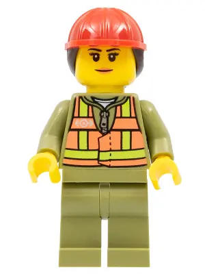 Train Worker - Female, Orange Safety Vest with Lime Straps, Olive Green Legs, Red Construction Helme