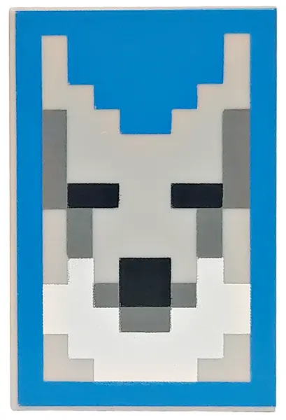 Light Bluish Gray Tile 2 x 3 with Pixelated Wolf Head with Black Eyes and Nose, Dark Bluish Gray and