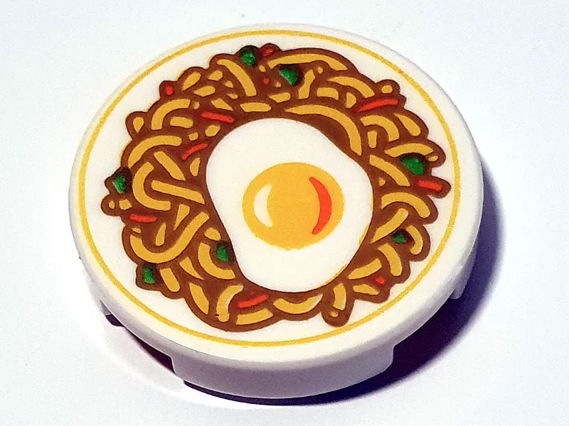 White Tile, Round 2 x 2 with Bottom Stud Holder with Fried Egg, Ramen Noodles and Vegetables Pattern