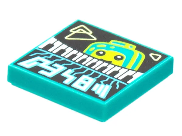 Dark Turquoise Tile 2 x 2 with BeatBit Album Cover - Lime Minifigure Looking Over Keyboard Pattern