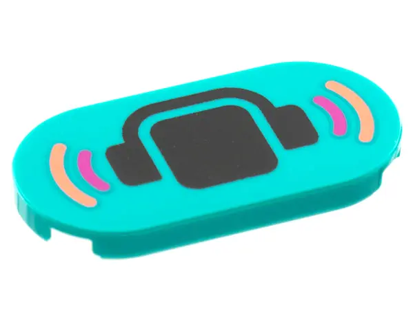 Dark Turquoise Tile, Round 2 x 4 Oval with Black Head and Headphones, Magenta and Coral Soundwaves P