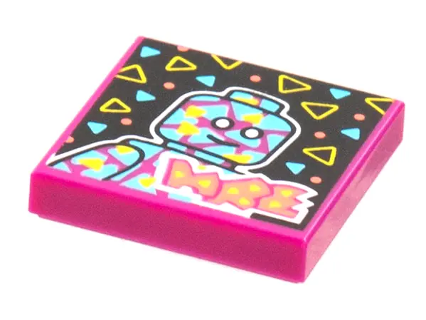 Magenta Tile 2 x 2 with BeatBit Album Cover - Minifigure on Black Background with Medium Azure and Y