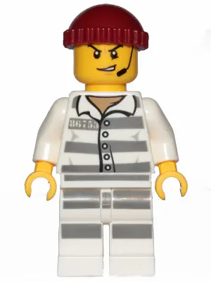 Sky Police - Jail Prisoner 86753 Prison Stripes, Scowl with Open Mouth and Headset, Dark Red Knit Ca