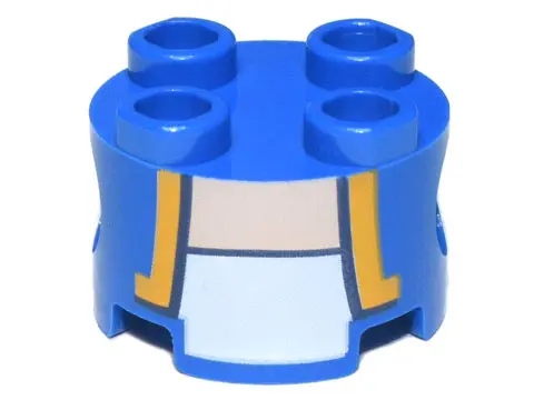 Brick, Round 2 x 2 with Pin Holes with Vest Open with Bright Light Orange and Dark Blue Trim over Wh