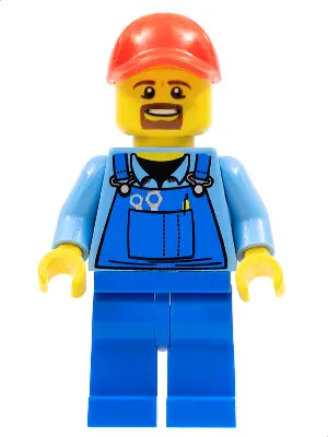 Overalls with Tools in Pocket Blue, Red Cap with Hole, Brown Moustache and Goatee